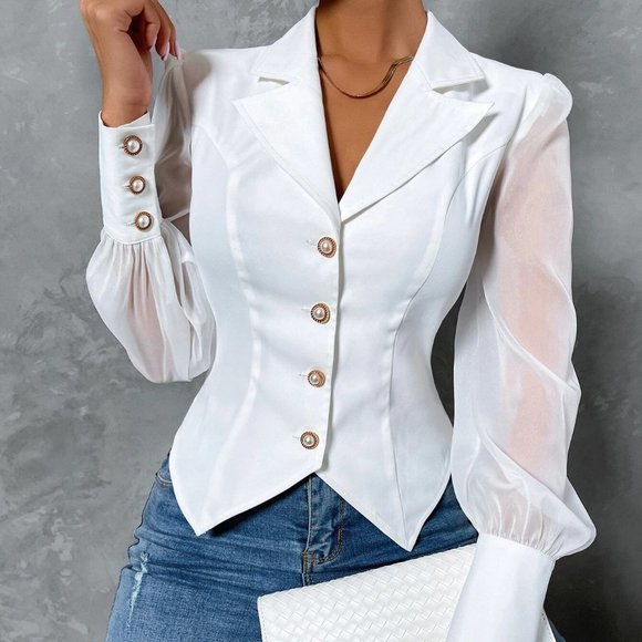 . Jackets & Blazers - White Preppy Womens Solid Contrast Mesh Asymmetrical Hem Blazer